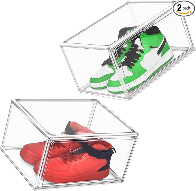 EZJOB 2 Pack Acrylic Clear Shoe Storage Boxes Size 12, Transparent Display Case for Sneaker Collections, Baseball Caps, Hat Organizer Dust-free Shoe Cubbies Stackable Sneaker Boxes
