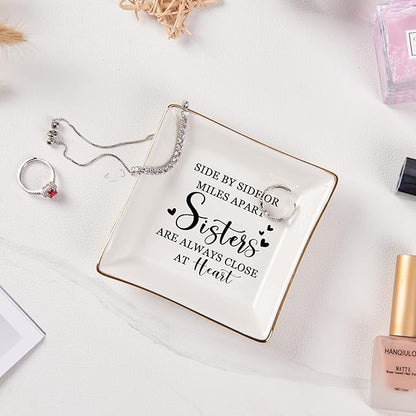 Spegiffu Sister Gifts Trinket Jewelry Dish- Side by side or miles apart, sisters are always close at heart, Sisters Birthday Gifts Mother's Day Valentines Christmas Gift for Sister from Sister