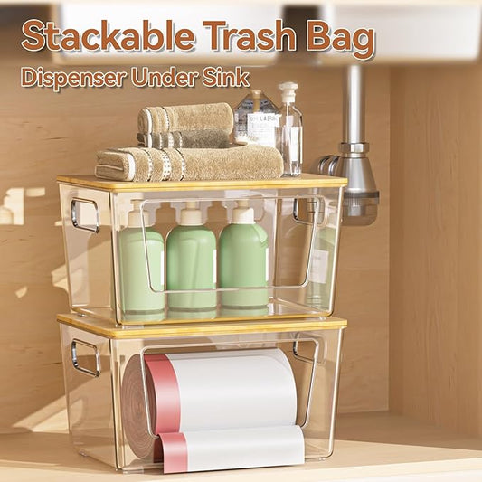 Trash Bag Holder with Bamboo Lid, Stackable Trash Bag Dispenser, Extra Large Storage for Kitchen Laundry Room Under Sink (1Pack)