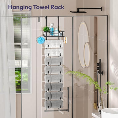 SWTYMIKI Over The Door Towel Rack - 9 Tier Towel Racks for Bathroom Wall Mounted, Towel Holder with Shelf, Hanging Rolled Towel Storage Organizer for Small Bathroom, Camper, RV, Black