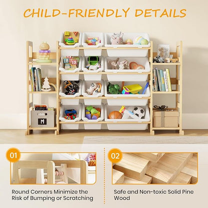 Extra Large Toy Storage - Toy Storage Organizer, Wooden Toy Organizer with 6 Side Shelves and 12 Bins, 3-in-1 Bookshelf for Kids Rooms, Playroom, Nursery, White