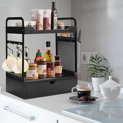 Coffee Bar Accessories and Organizer, 2-Tier Coffee Station Organizer, Wood Kitchen Countertop Organizer with Bag and Hooks, Coffee Pod Holder for Coffee Bar Decor, Syrup Snack Organizer(Black)