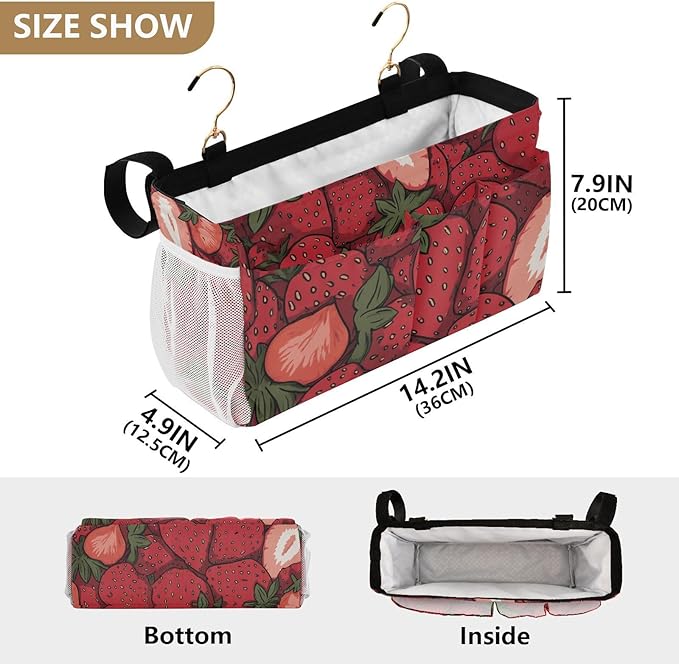 CuwrYet Bedside Caddy Hanging Bunk Bed Caddy Bed Organizer Hanging Pocket with 2 Hooks Bedside Storage Organizer Pocket Bag Holder Cartoon Red Strawberry