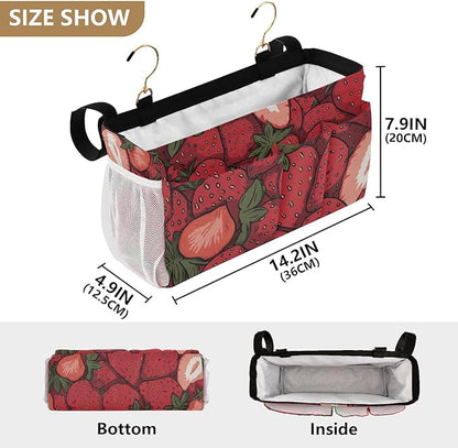 CuwrYet Bedside Caddy Hanging Bunk Bed Caddy Bed Organizer Hanging Pocket with 2 Hooks Bedside Storage Organizer Pocket Bag Holder Cartoon Red Strawberry