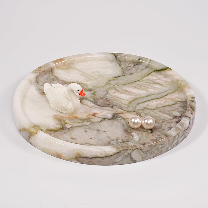 LWALMS Marble Perfume Jewelry Tray - Stone Trinket Ring Key Purse Holder Dish, Round Plate Decorative Bowl for Nightstand Entryway Coffee Table Decor (7.9 inch)
