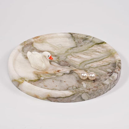 LWALMS Marble Perfume Jewelry Tray - Stone Trinket Ring Key Purse Holder Dish, Round Plate Decorative Bowl for Nightstand Entryway Coffee Table Decor (7.9 inch)