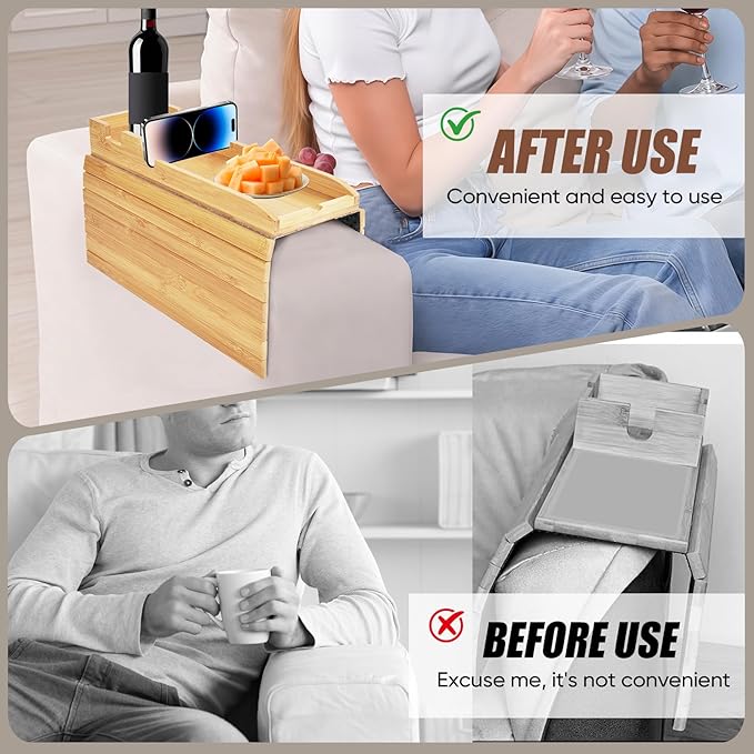 Foldable Bamboo Couch Arm Tray with Cup Holder - Anti-Slip Sofa Armrest Organizer for Drinks, Snacks, Remotes, Phones & More - Eco-Friendly Home Decor Gift (Bamboo)