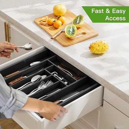 Pipishell Bamboo Expandable Drawer Organizer for Utensils Holder, Adjustable Cutlery Tray, Wood Drawer Dividers Organizer for Silverware, Flatware, Knives in Kitchen, Bedroom, Living Room(M-Black)