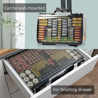 Battery Organizer Storage Holder Box Case with Tester- 269 Batteries Double-Sided Variety Pack, Holds AA AAA 4A C D Cell 9V 3V Lithium LR44 CR2 CR123 CR1632 18650 Button- Grey