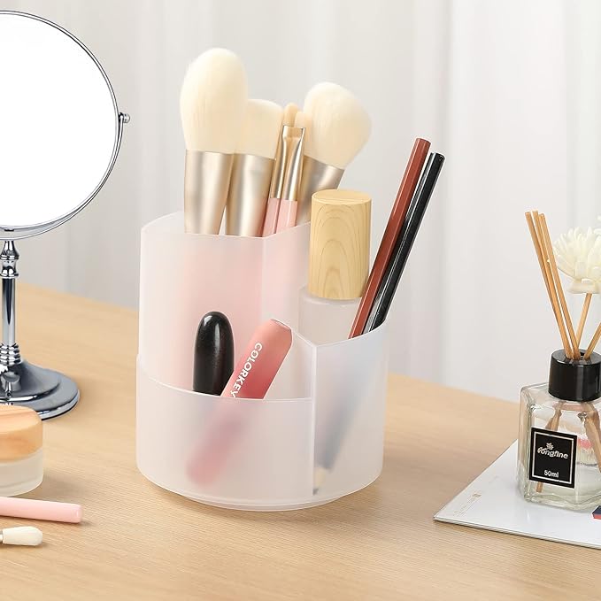 Desk Pencil Pen Holder, 3 Slots 360-Degree Spinning Organizers, Desktop Storage Stationery Supplies, Cute Cup Pot for Office, School, Art Supply, Kids - Clear