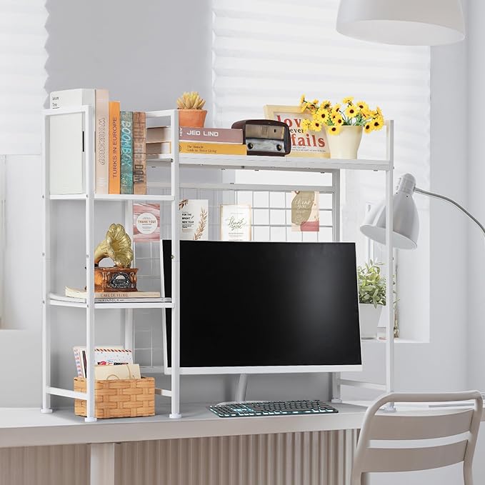 Desktop Bookshelf Organizer, Computer Desktop Bookcase, White Desk Hutch Dorm, Multipurpose Wood Desktop Hutch Storage Organizer, 3-Tier Wood Desk Bookshelf for Home Office Dorm