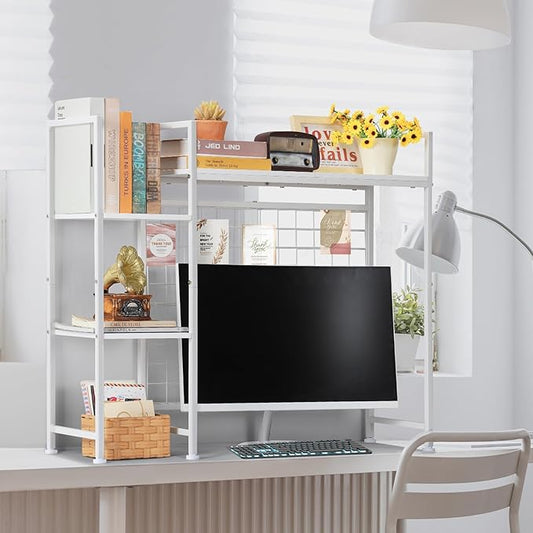 Desktop Bookshelf Organizer, Computer Desktop Bookcase, White Desk Hutch Dorm, Multipurpose Wood Desktop Hutch Storage Organizer, 3-Tier Wood Desk Bookshelf for Home Office Dorm