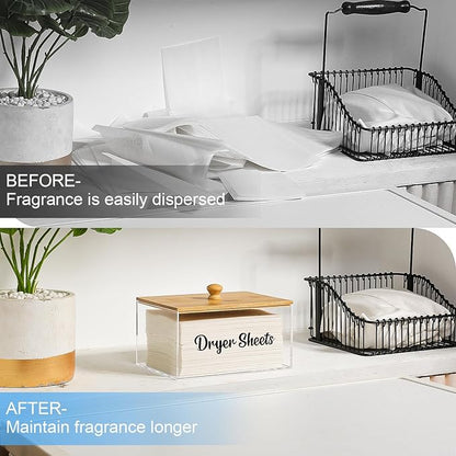 VOTLEVT Acrylic Dryer Sheet Holder with Bamboo Lid,Laundry Dryer Sheet Container and Dispenser for Laundry Room, Fabric Sheet Holder Laundry Organizer
