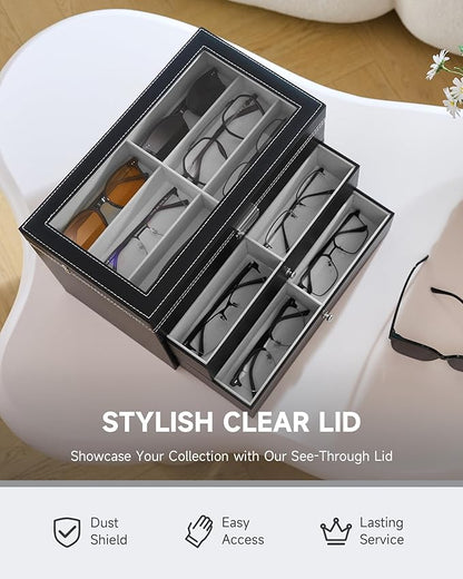CO-Z Sunglasses Organizer, Leather Eyeglasses Storage Box for Women Men, Lockable Sunglass Display Case Holder with Drawer