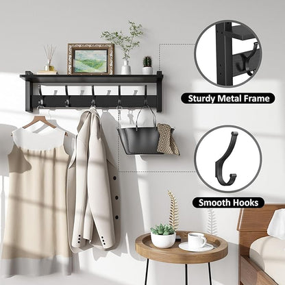 Coat Rack Wall Mount with Shelf, 24 Inch Coat Hanger Walls Mounted, Hat Rack for Walls, Shelf with 5 Coat Hooks, Wall Hanger for Entryway (Black)