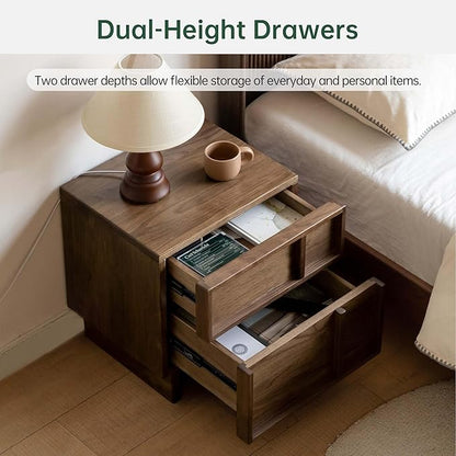 YESWOOD Solid Wood Nightstand, Walnut Nightstand with Drawers, Mid Century Modern Nightstands, Wood Bedside Table for Small Space. Boho Night Stand, Fluted Night Stands for Bedroom, 18.90" H