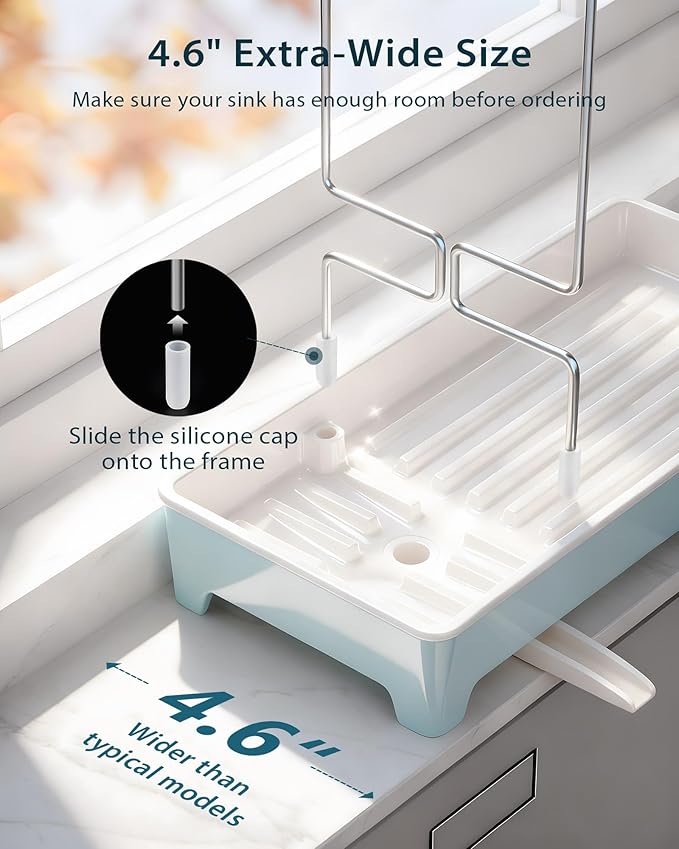 Caumic Minimalist Sink Caddy, Rustproof Sponge Holder for Kitchen Sink with 304 Stainless-Steel Brush Holder, Countertop Rack Organizer with Raised Ridges & Silicone Drain Tube (Pastel Blue)