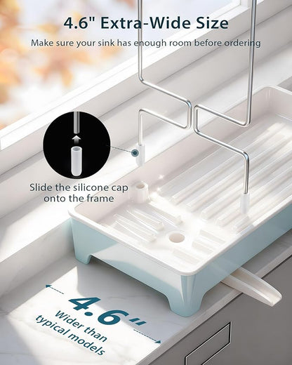 Caumic Minimalist Sink Caddy, Rustproof Sponge Holder for Kitchen Sink with 304 Stainless-Steel Brush Holder, Countertop Rack Organizer with Raised Ridges & Silicone Drain Tube (Pastel Blue)