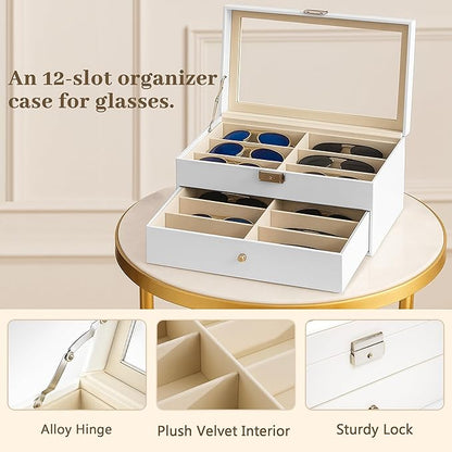 Homeanda 2-Layer Sunglasses Case - 12 Slots Hard Shell Eyeglasses Storage Box PU Leather Organizer, Protective Glasses Organizer Christmas Gift for Men and Women(White)