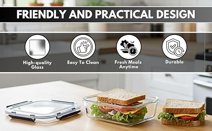 KEKEGO Glass Food Storage Containers Set of 5, Airtight Glass Meal Prep Containers, BPA-Free Lunch Containers for Microwave, Oven, Freezer & Dishwasher Safe（35oz）