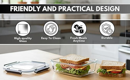 KEKEGO Glass Food Storage Containers Set of 5, Airtight Glass Meal Prep Containers, BPA-Free Lunch Containers for Microwave, Oven, Freezer & Dishwasher Safe（35oz）