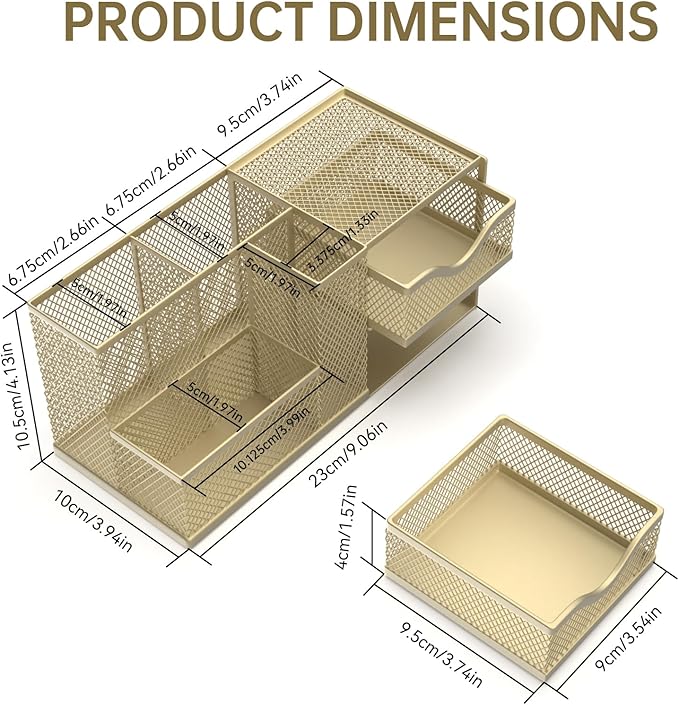 Mesh Desk Organizer, Pen Organizer with 2 Drawers and 5 Compartments, Versatile Pen Holder for Small Space, Desk Organizers and Accessories for School Office Supplies, Gold