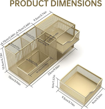 Mesh Desk Organizer, Pen Organizer with 2 Drawers and 5 Compartments, Versatile Pen Holder for Small Space, Desk Organizers and Accessories for School Office Supplies, Gold