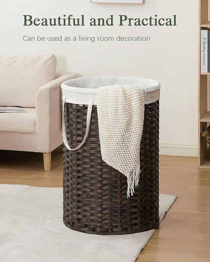 34.3 Gal (130 L) Large Laundry Hamper Laundry Basket Round Handwoven Wicker Laundry Baskets Rattan Laundry Basket with Removable Bag Handles 2 Mesh Bags for Living Room Bedroom Brown (No Lid)