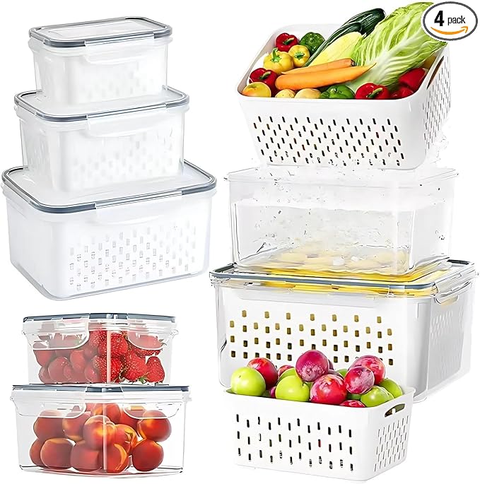VegiTechs 4 PCS Fruit Containers for Fridge, Leakproof fruit storage containers for fridge with Removable Colander