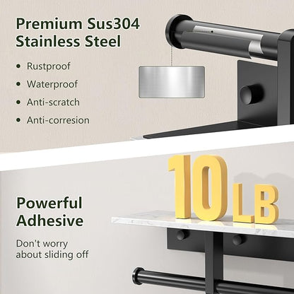 Marble Toilet Paper Holder with Shelf,Doulble Bathroom Tissue Roll Holder,304 Stainless Steel Toilet Paper Holder Wall Mounted,Modern Tissue Holder for Bathroom Washroom,Matte Black