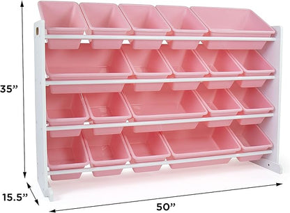 Humble Crew Extra-Large Toy Organizer with 20 Plastic Bins – Pink/White Storage Rack with 4-Tier Shelves, Anti-Tip Safety, for Kids’ Rooms, Playrooms, Nurseries & Classrooms