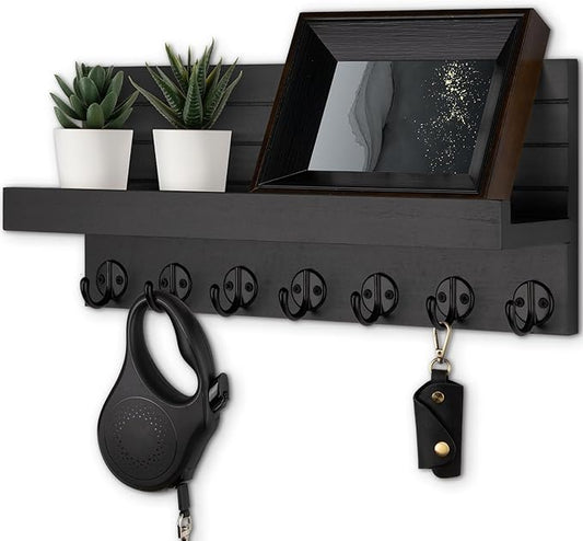 Key Holder Wall Mount, Entryway Key and Mail Holder with 7 Sturdy Hooks for Sunglasses, Dog Leash, Decorative Wall Shelf with Mounting Hardware, 15”W x 6.7”H x 4.2”D