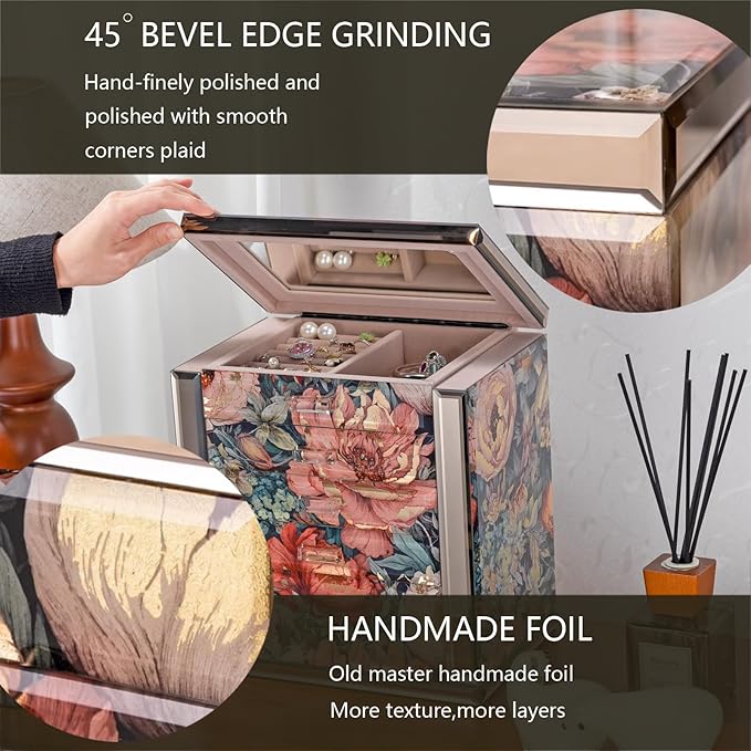 Homruilink High End Glass Jewelry Box - 5 Layer Jewelry Organizer with 2-Sided Doors and Mirror - Velvet-Lined Organizer For Ring, Necklace, Earring, Bracelet Storage - Christmas Gifts For Women