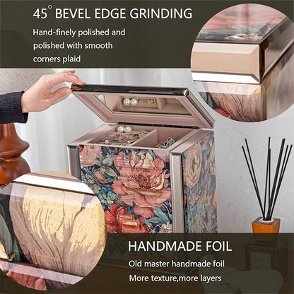 Homruilink High End Glass Jewelry Box - 5 Layer Jewelry Organizer with 2-Sided Doors and Mirror - Velvet-Lined Organizer For Ring, Necklace, Earring, Bracelet Storage - Christmas Gifts For Women