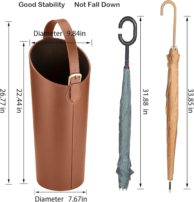 Brown Artificial Leather Tall Umbrella Holer Entryway Indoor for Business Office,22.4 Inch Umbrella Stand Entryway with Removable Water Tray 2 Hooks