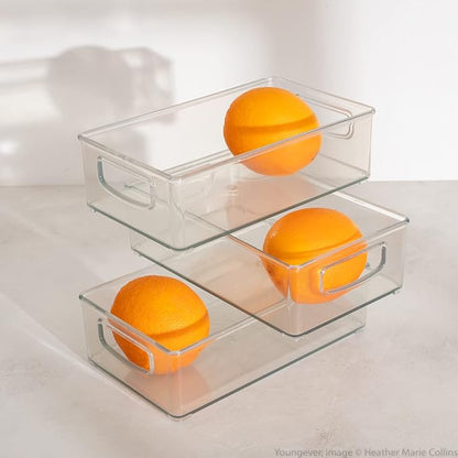 Youngever 4 Pack Stackable Plastic Storage Organizer Container Bins, Stackable Storage Bins with Handler for Refrigerator, Pantry (10" x 6" x 3")