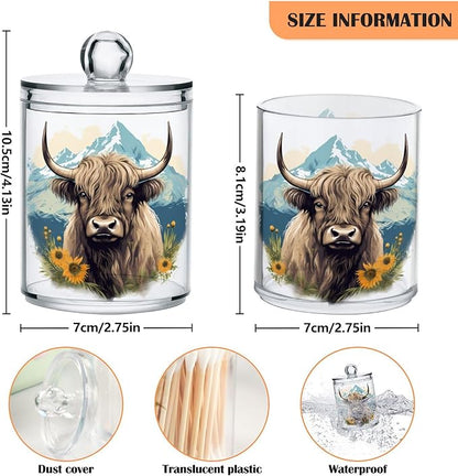 MNSRUU 2 Pack Qtip Holder Organizer Dispenser Highland Cow Pink Bathroom Storage Canister Cotton Ball Holder Bathroom Containers for Cotton Swabs/Pads/Floss