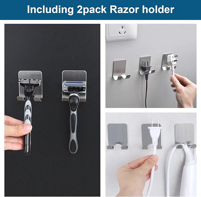 Diesisa Razor Holder for Shower + Adhesive Wall Hooks, Premium 304 Stainless Steel Shower Razor Holder with Heavy Duty Waterproof Sticky Hooks for Hanging Towels, Coat, hat (4+4 Pack)