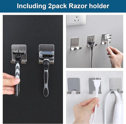 Diesisa Razor Holder for Shower + Adhesive Wall Hooks, Premium 304 Stainless Steel Shower Razor Holder with Heavy Duty Waterproof Sticky Hooks for Hanging Towels, Coat, hat (4+4 Pack)