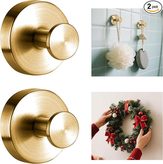 HESUSLA Suction Cup Hooks for Wreaths on Glass,2025 New Model No-Drill Suction Cup Hooks,Wreath Hangers for Front Doors,Metal Towel Hooks for Showers Bathrooms Mirrors(2 Pack,Gold)
