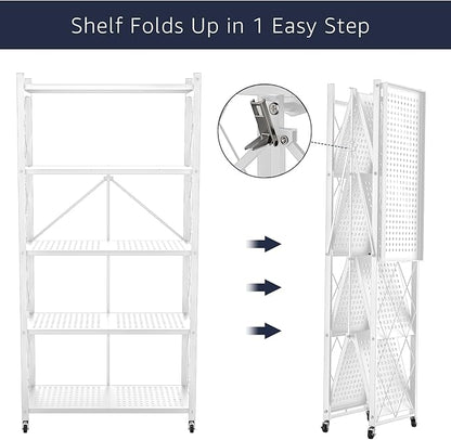 Lifetime Home 5-Tier Foldable Storage Shelf with Wheels - Metal Rack Collapsible Shelving Unit Display, Rolling Cart for Books Kitchen Storage Shelves, Pantry & Closet Organizer, Office Room Decor