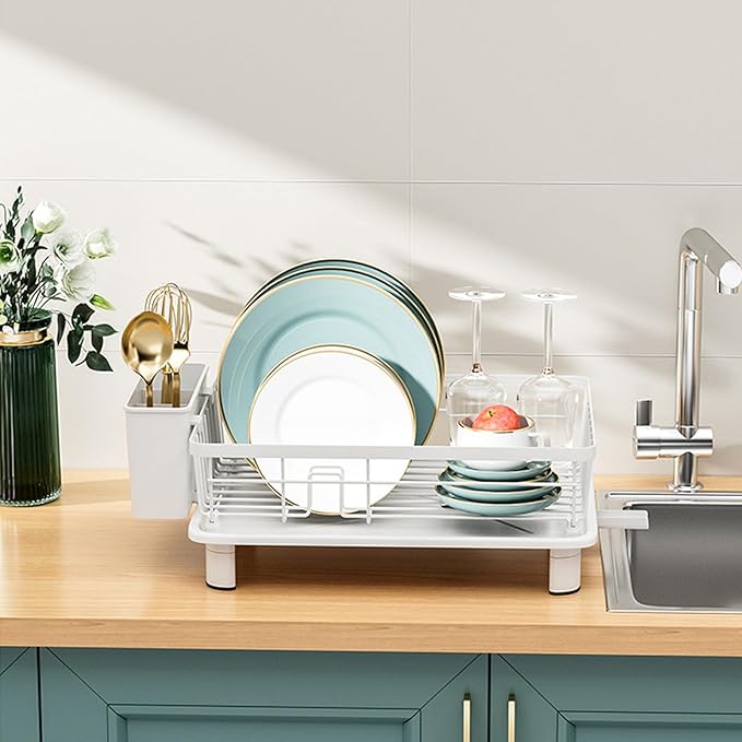 BULIJUJU Small Dish Drying Rack, Space Saving Dish Racks for Kitchen Counter, Kitchen Organizer Dish Drainer with Cutlery Holder for Spoons and Forks, 11''W x 15''L, White