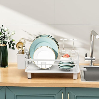 BULIJUJU Small Dish Drying Rack, Space Saving Dish Racks for Kitchen Counter, Kitchen Organizer Dish Drainer with Cutlery Holder for Spoons and Forks, 11''W x 15''L, White