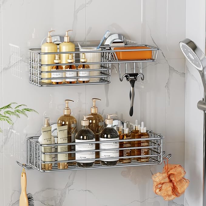 LEVERLOC Shower Caddy Suction Cup, Shower Organizer Removable Bathroom Shelf, Storage Suction Powerful Max Hold 22lbs Bathroom Caddy Waterproof Holder, Silver