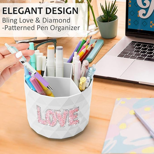 Bling Desk Organizer, Glitter Love Rhinestone Rotating Pencil Pen Holders For Desk,Diamond-Patterned Pen Organizer With 5 Compartments,Stylish Desk Accessories For Office School Home