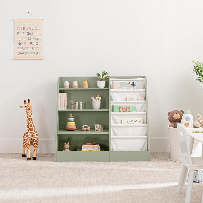 Comfy Cubs Kids Bookshelf 35.2 x 15.7 x 31.5 Inches - Sturdy MDF Montessori Book Shelf with Soft & Hard Shelves for Toys & Books - Child-Friendly, Easy Access Storage Organizer for Kids - Sage