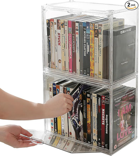 Beveetio Acrylic 2-Pack DVD Storage Box, Stackable DVD Case Holder Organizer With Door, Clear CD Storage Box For CDs, Blu Ray, Discs, Video Games, Holds Up to 34 Cases