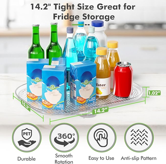 Lazy Susan Organizer for Refrigerator, 14.17" X 10.24" Fridge Organizers and Storage, Lazy Susan Turntable for Cabinet, Non-Skid Fridge Organizers for Pantry, Table Top