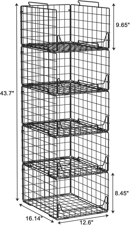 5-Tier Stackable Closet Organizer Shelf – Foldable Metal Storage Bins for Clothes, Sweaters & Towels | Stylish Black Wire Baskets for Bedroom, Wardrobe, Dorm or Entryway