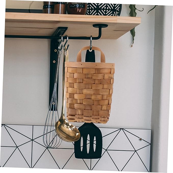 Woven Storage Baskets Natural Wood Hanging Organizer Wall Mounted Compact Kitchen Storage Basket for Utensils Cosmetics and Decor Load Bearing Carbonized Color
